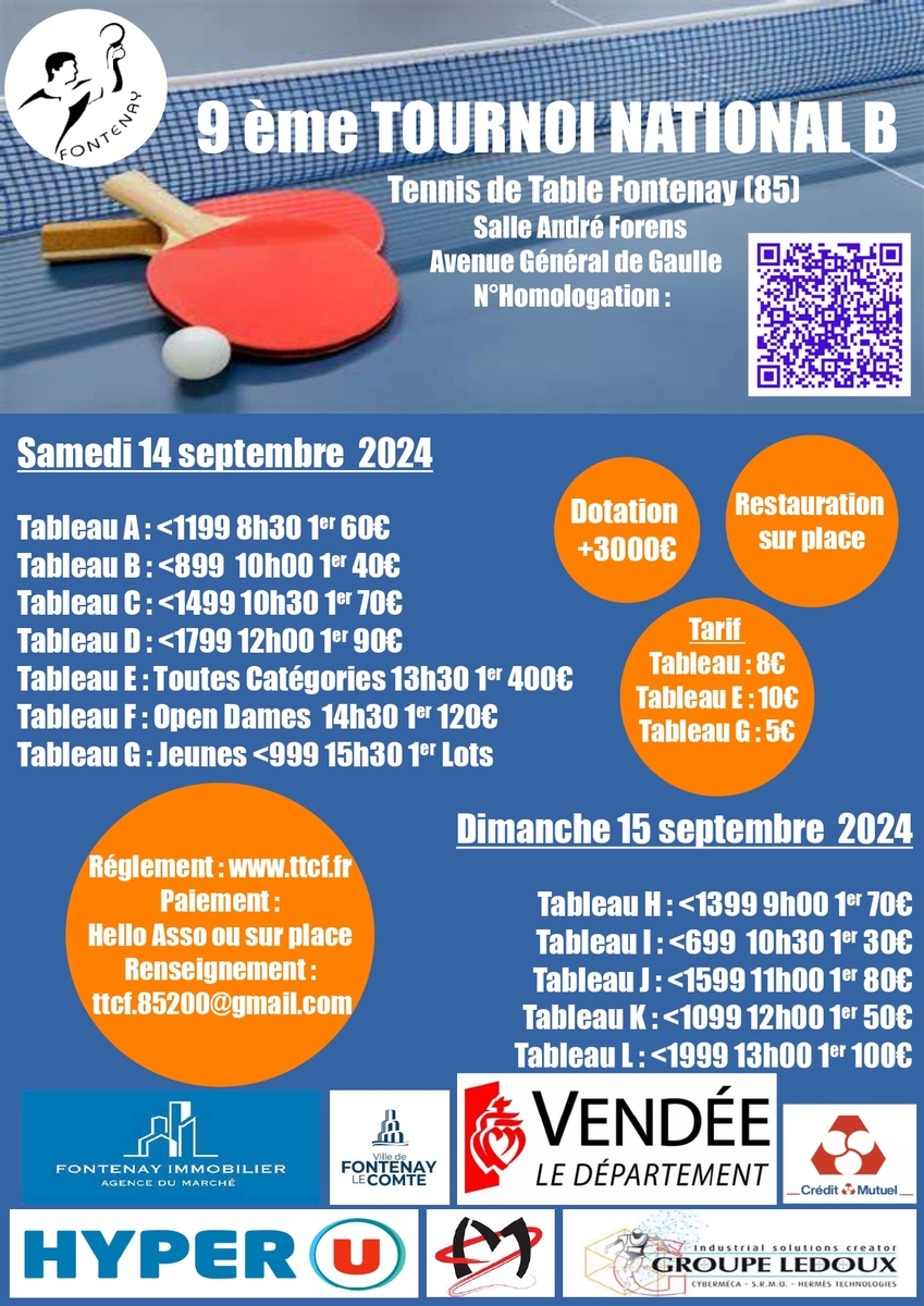 Tournoi National B le 14 et 15 septembre 2024 à Fontenay-le-Comte